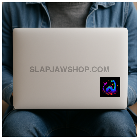 Person holding a laptop with a colorful sticker on the back