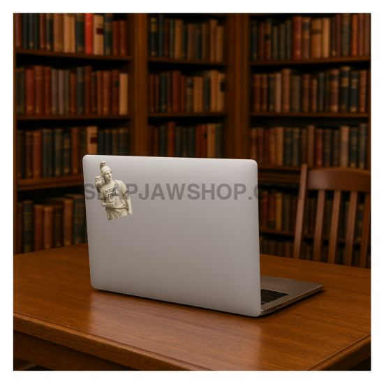 Laptop with a sticker on a wooden desk in front of a bookshelf