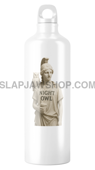White water bottle with a graphic of a person wearing a 'Night Owl' shirt on a white background