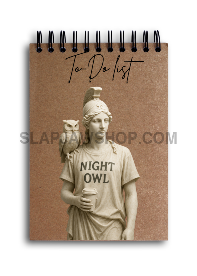 Notebook with a design of a statue holding an owl and text 'Night Owl' on a white background