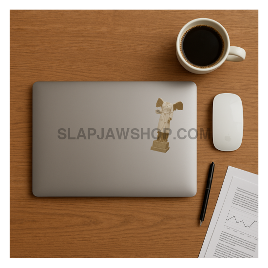 Laptop with a sticker on a wooden desk with a cup of coffee, mouse, pen, and paper.