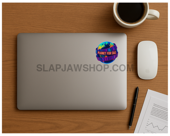 Laptop with a colorful sticker on a wooden desk with a cup of coffee, mouse, and pen.