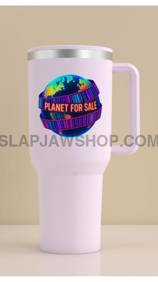 White travel mug with colorful graphic and text 'PLANET FOR SALE' on a beige background