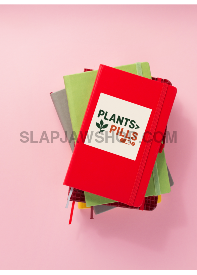 Stack of colorful books with a red one labeled 'Plants Not Pills' on a pink background