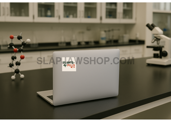Laptop on a lab counter with a 'Plants Rule' sticker, molecular model, and microscope in the background.