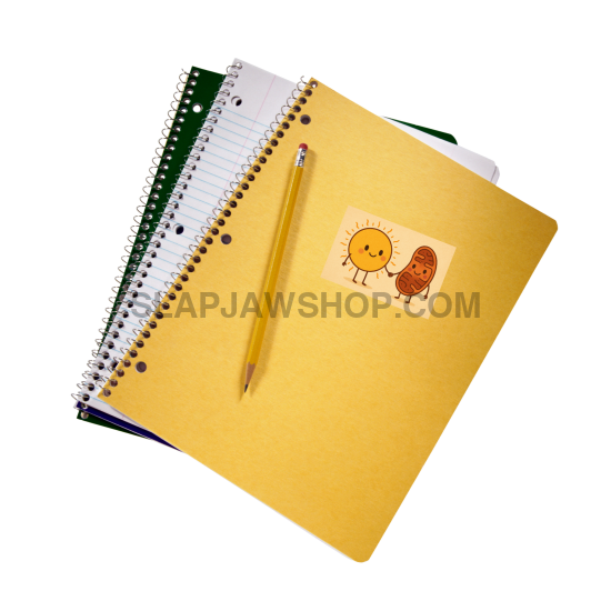 Yellow notebook with a pen and sticker on a white background