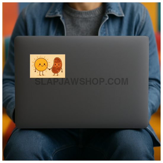Person holding a laptop with a sticker of two cartoon characters on the cover.