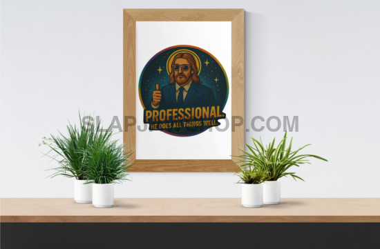 Framed certificate on a desk with plants against a white wall