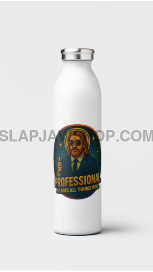 White water bottle with a label on a light gray background