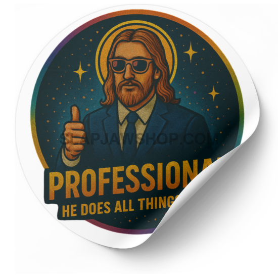 Sticker with a design of a bearded figure in a suit and sunglasses, giving a thumbs up, with text 'PROFESSIONAL HE DOES ALL THINGS' on a white background.