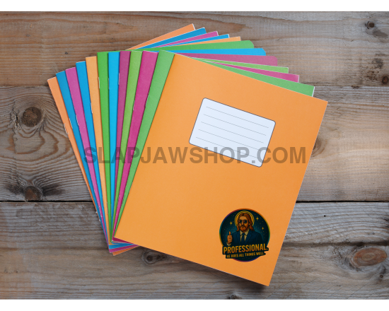 Colorful books with a logo on a wooden surface