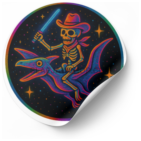 Colorful mouse pad with a skeleton riding a pterodactyl design on a white background