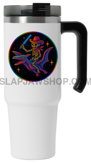 White travel mug with a colorful design on a white background