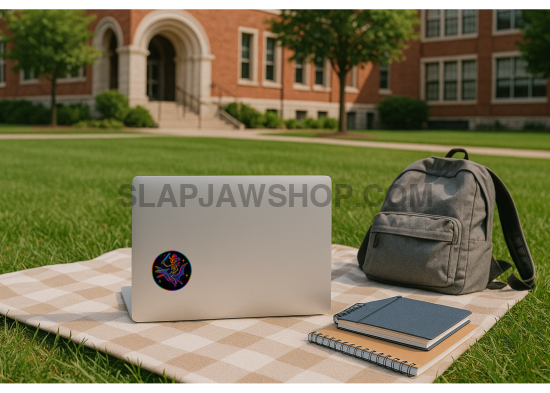 Laptop with a sticker, notebook, and backpack on a checkered blanket outdoors.