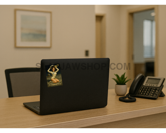 Black laptop on a desk with a phone and plant in an office setting