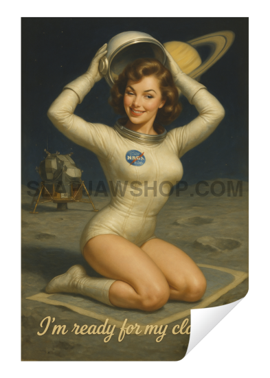 Vintage-style poster of a woman in a space suit on the moon with 'I'm ready for my close-up' text.