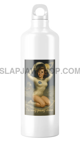 White water bottle with a label featuring a woman on a white background
