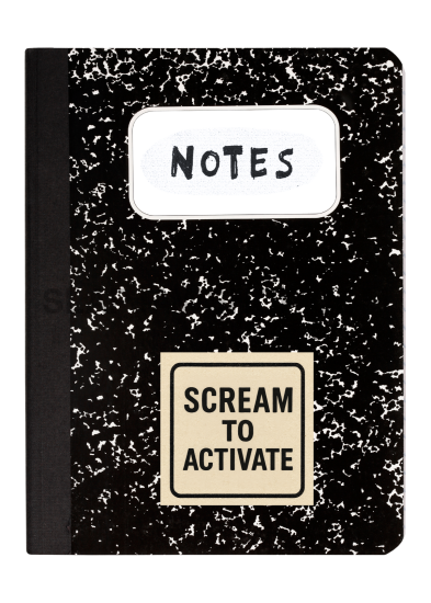 Black notebook with 'Notes' label and 'Scream to Activate' button on a white background