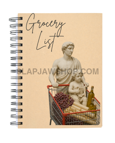 Notebook with a cover design featuring a statue and shopping cart on a beige background