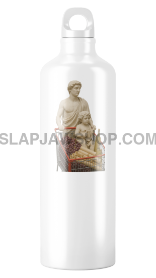 White water bottle with a design of a person holding a book on a white background