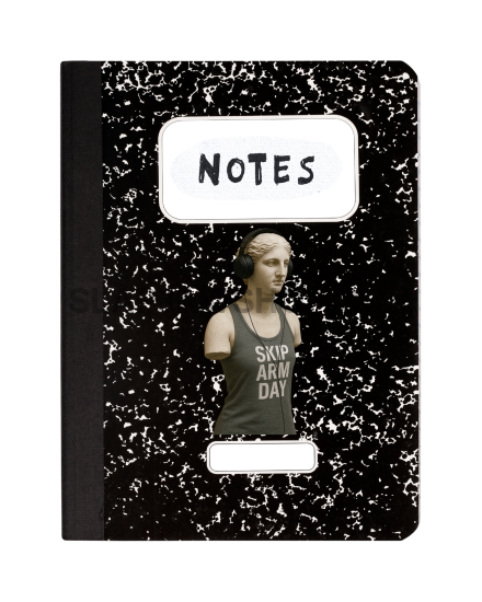 Black notebook with marbled texture and a label on a white background