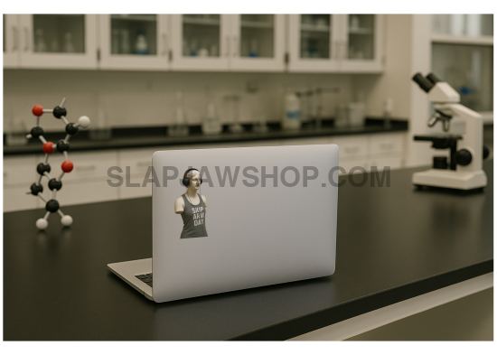 Laptop with a sticker on a lab counter with molecular model and microscope in the background