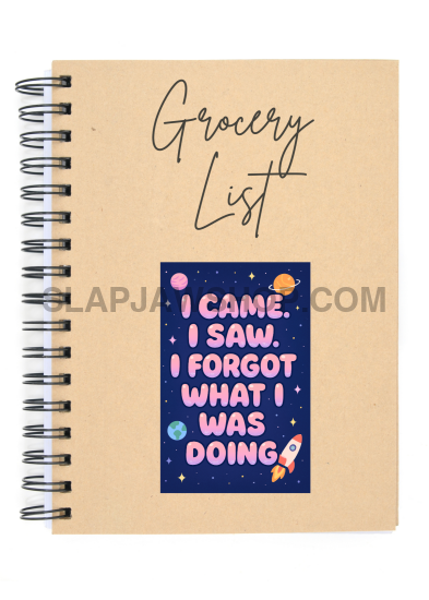 Notebook with 'Grocery List' and 'I came. I saw. I forgot what I was doing' text on a white background