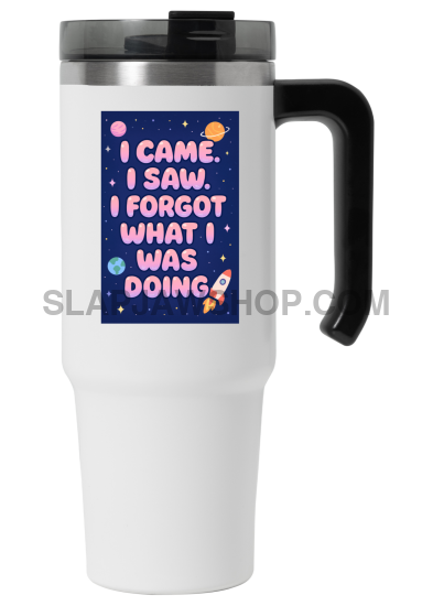 White travel mug with a colorful text design on a white background
