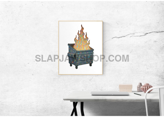 Framed artwork of a fireplace on a white wall above a desk.