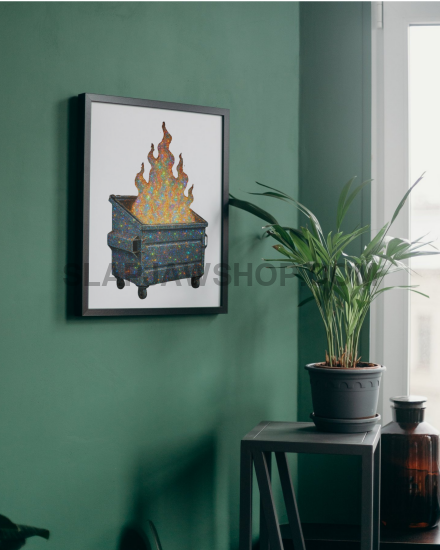 Framed artwork on a green wall with a plant and stool in the foreground