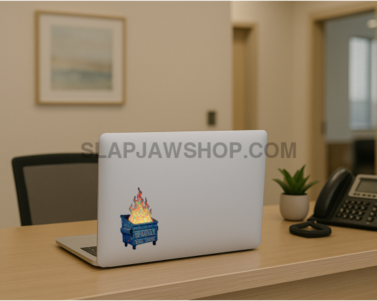 White laptop with a sticker on a desk in an office setting