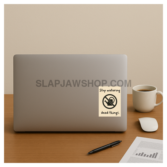 Laptop with a sticker on a desk with a cup and mouse