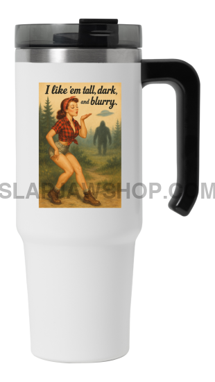 White travel mug with a graphic of a woman and text on a white background