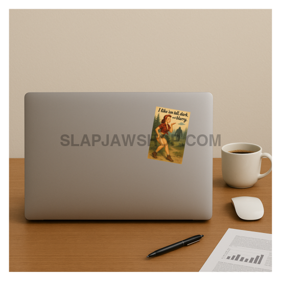Laptop with a sticker on a desk with a cup, pen, and mouse.