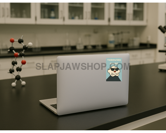 Laptop with a sticker on a lab counter with molecular model and microscope in the background