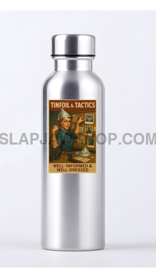 Silver water bottle with a label on a white background