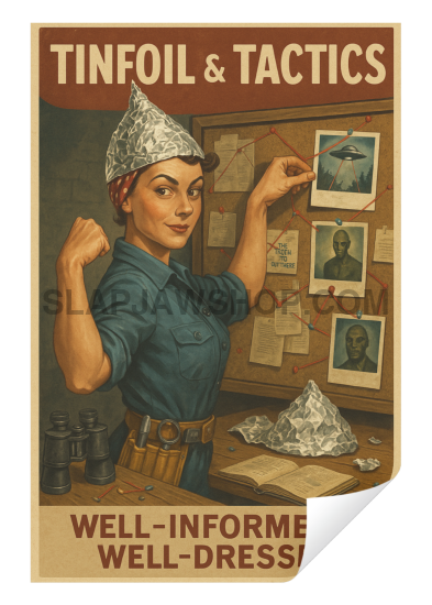 Vintage-style poster with a woman wearing tinfoil on her head, titled 'Tinfoil & Tactics'.