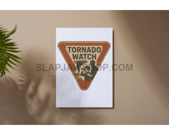Tornado watch sign on a white card with a brown background