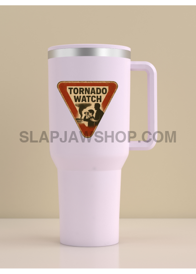 Tornado watch sign on a white card with a plant in the background