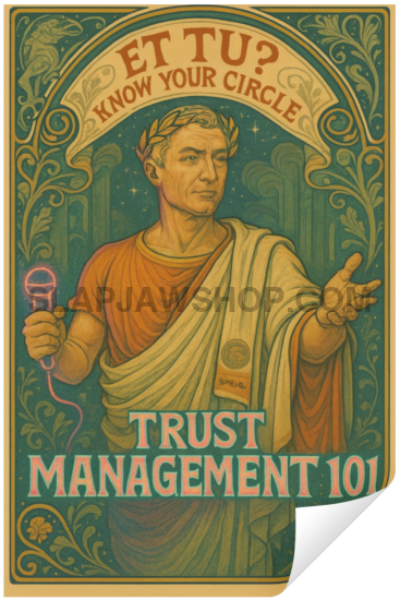 Vintage-style poster with classical design and text about trust management.