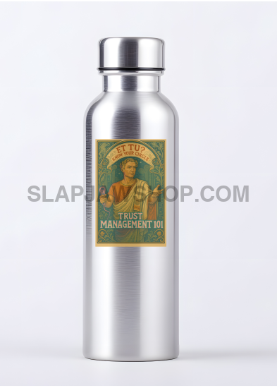 Silver water bottle with a label on a white background