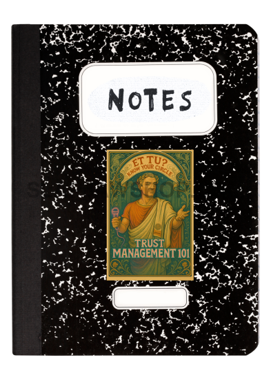 Notebook with a vintage-style label on a white background