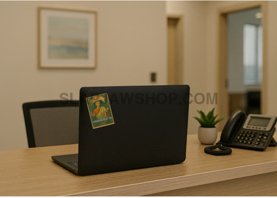 Black laptop on a desk with a phone and plant in an office setting