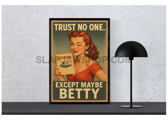 Vintage-style poster with a woman holding a 'Classified' book with a UFO on the cover, text 'Trust No One.