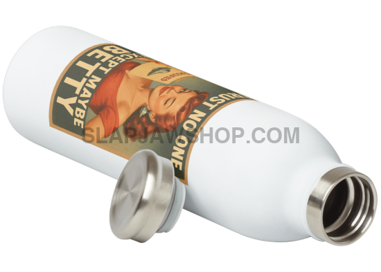 White water bottle with a label featuring a lion and text on a white background