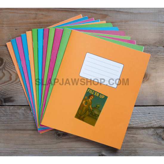 Stack of colorful notebooks on a wooden surface