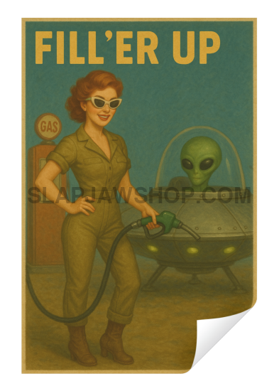 Vintage-style poster with a woman and alien, featuring the text 'Fill'er Up'.