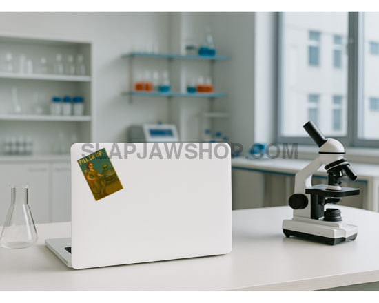 White laptop with a sticker on a desk in a laboratory setting