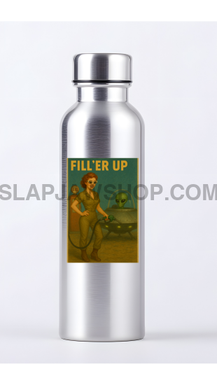 Silver water bottle with a colorful label on a white background