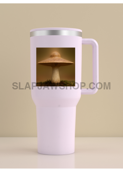 White travel mug with a silver lid featuring an image of a mushroom on a beige background